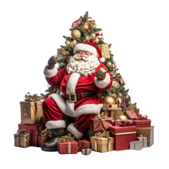 Fototapeta na wymiar Santa Claus Enjoying the Festive Ambiance in Front of a Beautifully Decorated Christmas Tree . Transparent background cutout. PNG file