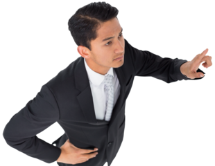 Digital png photo of biracial businessman pointing on transparent background