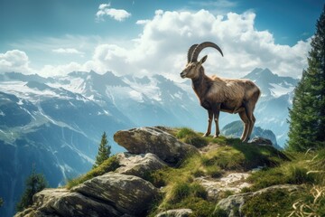 Fototapeta premium Ibex in its natural habitat, wildlife photography. Generative AI