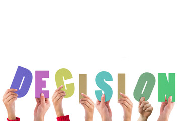 Digital png illustration of hands with decision text on transparent background