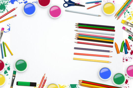 Digital png illustration of coloured pencils, paints, crayons and markers on transparent background