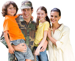 Digital png photo of happy caucasian soldier with family on transparent background