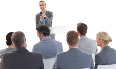 Digital png photo of caucasian businesswoman giving lecture in group on transparent background