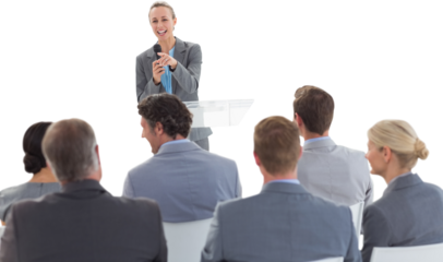 Digital png photo of caucasian businesswoman giving lecture in group on transparent background