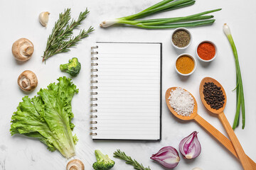 Composition with blank recipe book, fresh herbs and spices on light background - obrazy, fototapety, plakaty