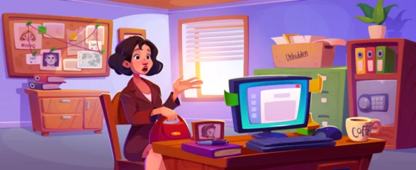 Tapeten Scared woman in detective office. Vector cartoon illustration of female character at police station, crime witness or victim, evidence board, case folders, desktop computer, investigator workplace © klyaksun