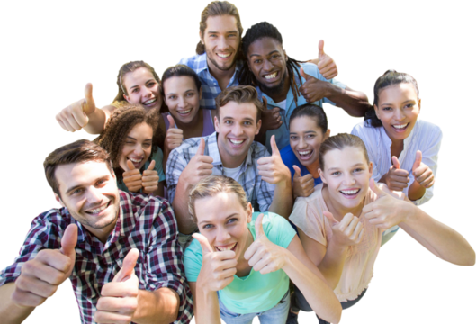 Digital png photo of happy diverse people showing thumbs up on transparent background