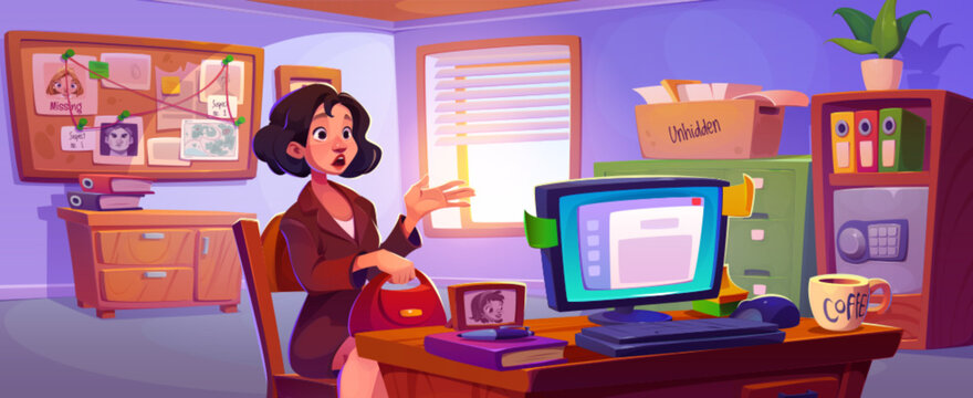 Scared woman in detective office. Vector cartoon illustration of female character at police station, crime witness or victim, evidence board, case folders, desktop computer, investigator workplace