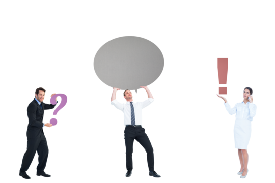 Digital png photo of caucasian business people with mark and speech bubble on transparent background - Powered by Adobe