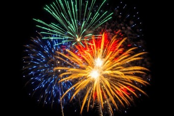 Happy new year celebration pyrotechnics and fireworks on dark background