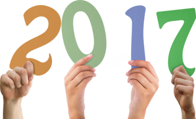 Digital png illustration of hands with 2017 text on transparent background