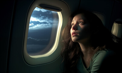 sad looking woman looking out an airplane window