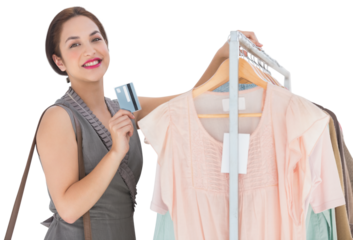 Digital png photo of caucasian woman with credit card and clothes hanger on transparent background