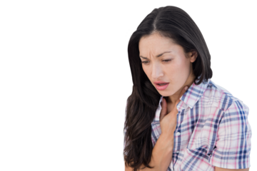 Digital png photo of caucasian woman holding hand on her chest on transparent background