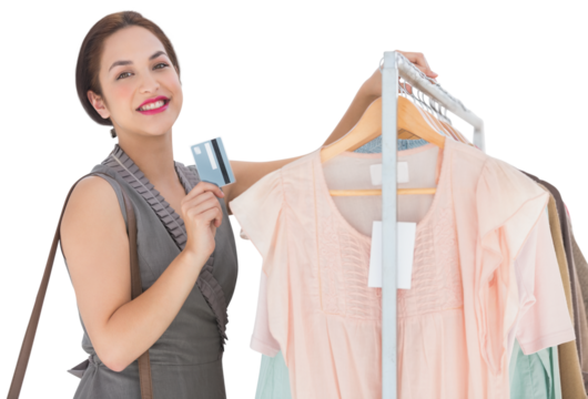 Digital png photo of caucasian woman with credit card and clothes hanger on transparent background - Powered by Adobe