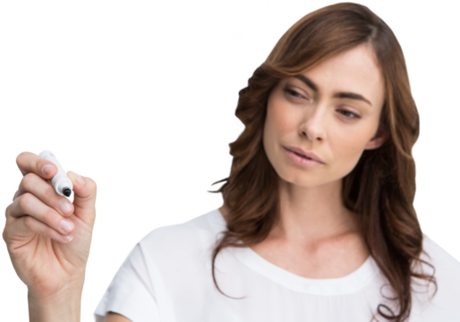 Digital png photo of caucasian woman writing using marker on transparent background