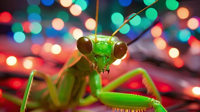 Closeup of a vibrant green praying mantis perched on a glowing string of Christmas lights, its large eyes seemingly fixed on the colorful bulbs.