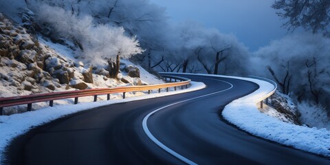 A winding road in winter, early in the morning, slightly illuminated by the rays of dawn