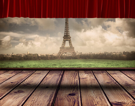 Digital png illustration of wooden stage with view on eiffel tower on transparent background
