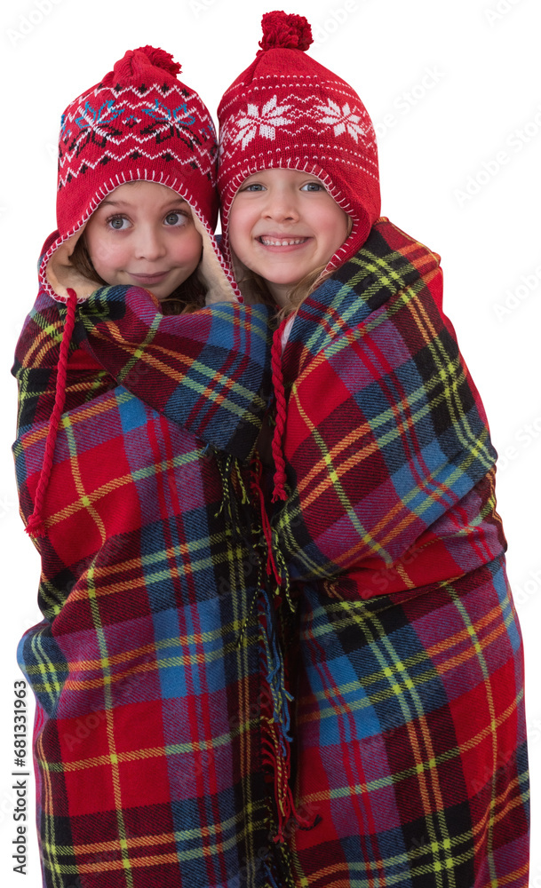 Sticker Digital png photo of happy caucasian children with caps and blanket on transparent background