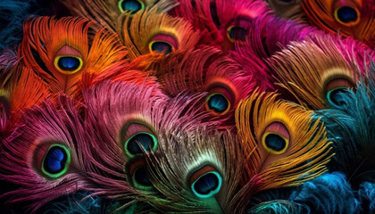 Vibrant peacock tail showcases beauty in nature multi colored elegance generated by AI