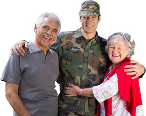 Digital png photo of happy soldier with parents on transparent background