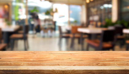 Selected focus empty brown wooden table and Coffee shop blur background with bokeh image. for your photomontage or product display