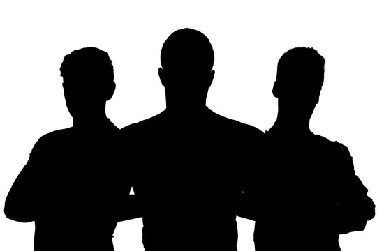 Digital png silhouettes of three sportsmen standing on transparent background