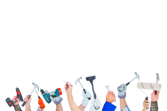 Digital png photo of hands with work tools on transparent background