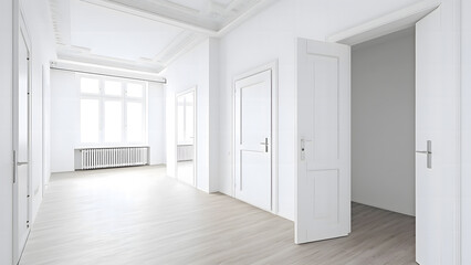 Fototapeta premium White modern interior in a new apartment, interior white doors.