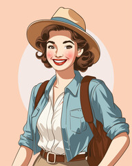 Illustration of a Beautiful Woman Traveler in Vintage Style