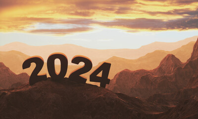 2024 on the mountains with a sunset sky background. 3d rendering