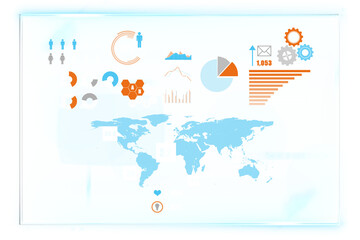 Digital png illustration of digital screen with world map and charts on transparent background