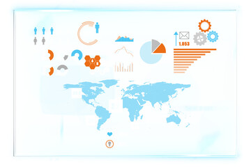 Naklejka premium Digital png illustration of digital screen with world map and charts on transparent background