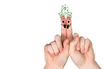 Digital png illustration of hands with singing puppets on fingers on transparent background