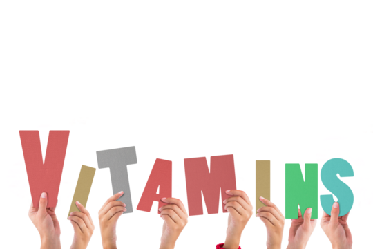 Digital png illustration of hands and vitamins text on transparent background