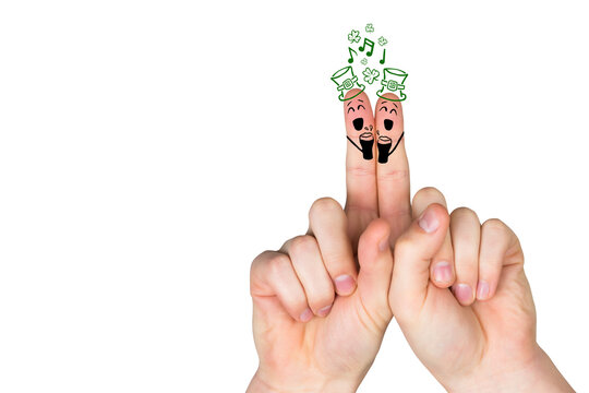 Digital png illustration of hands with singing puppets on fingers on transparent background