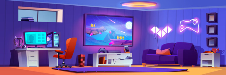 Gamer room interior design. Vector cartoon illustration of desktop computer, earphones and system unit, space game on tv screen, armchair couch, drawer and shelf, neon led lights decoration on wall