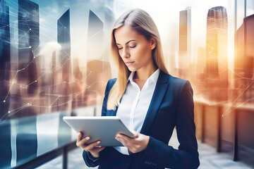 Young businesswoman with tablet computer on modern cityscape background.