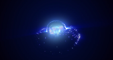 Abstract energy sphere with flying glowing bright blue particles, science futuristic atom with electrons hi-tech background