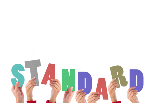 Digital png illustration of hands with standard text on transparent background - Powered by Adobe