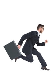 Digital png photo of caucasian businessman with briefcase running on transparent background