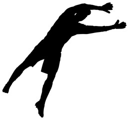 Digital png illustration of silhouette of male footballer jumping on transparent background