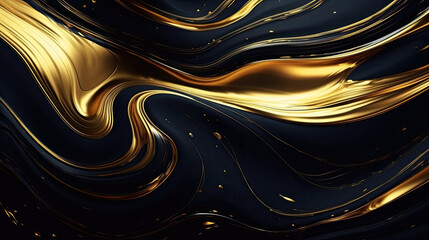 black and gold liquid mix, gold wave abstract background, Acrylic paint mixed together. Luxurious wallpaper with gold dust. Elegant waves. Milky textures. 3D Illustration.