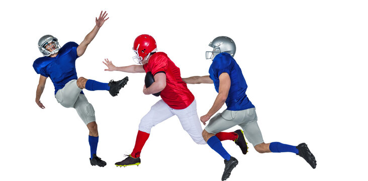 Digital png photo of caucasian male american football players on transparent background