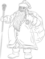 Line art of Santa Claus with a bag behind his back and a staff. 
Vector illustration brings to life the charming image of Santa Claus in fur coat and fur hat. He has an magic staff in his hand