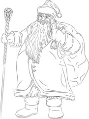 Line art of Santa Claus with a bag behind his back and a staff. 
Vector illustration brings to life the charming image of Santa Claus in fur coat and fur hat. He has an magic staff in his hand