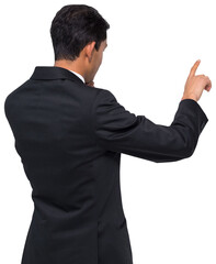 Digital png photo of back of biracial businessman pointing on transparent background