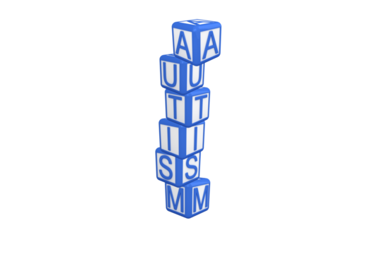 Digital png illustration of blue cubes with autism text on transparent background