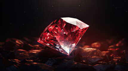 red Diamond jewel on dark red background. Beautiful light red gemstone sapphire on a dark background